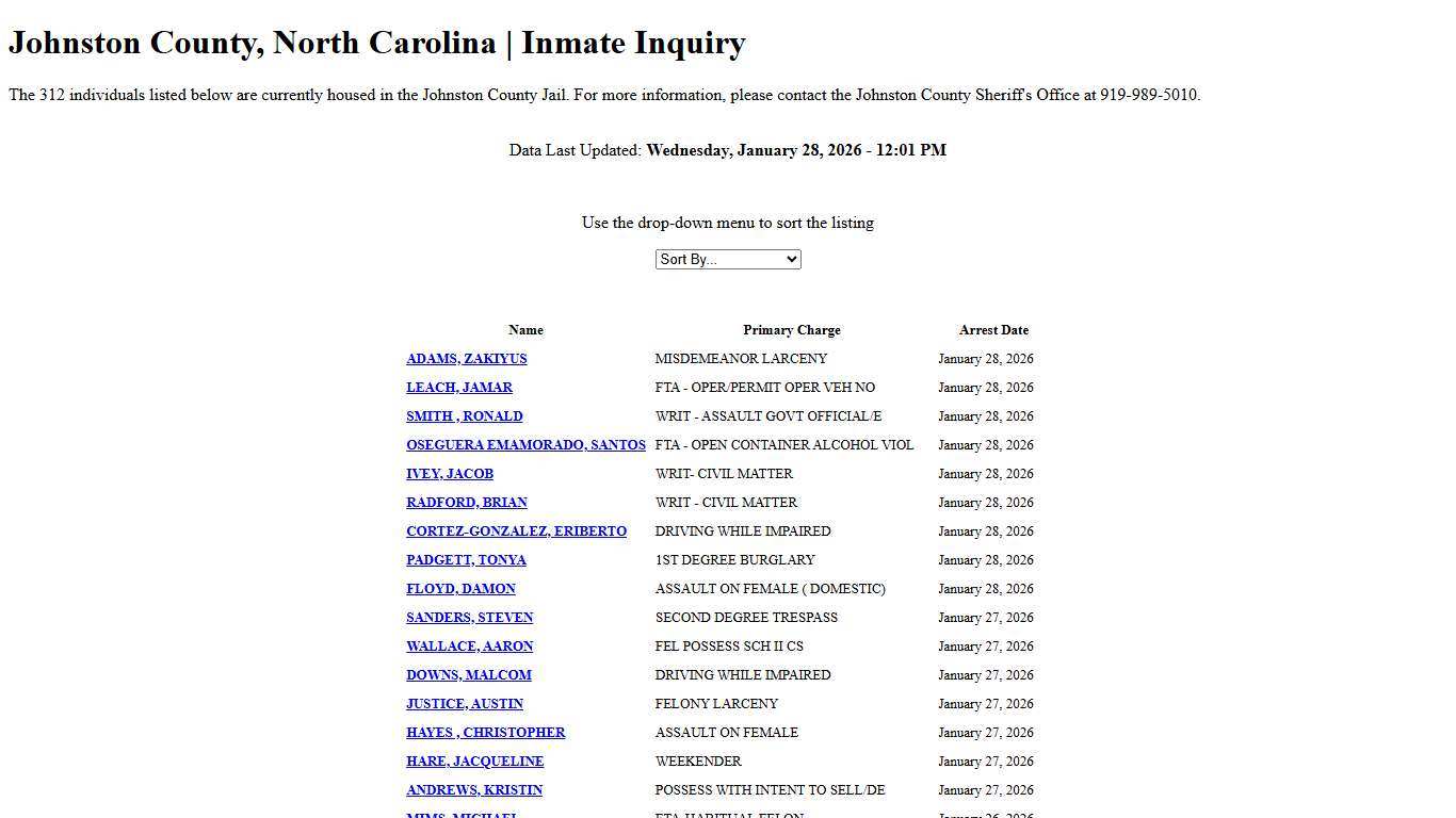 Johnston County, North Carolina Inmate Inquiry